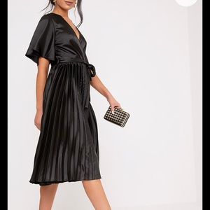Black Satin Pleated Midi Dress